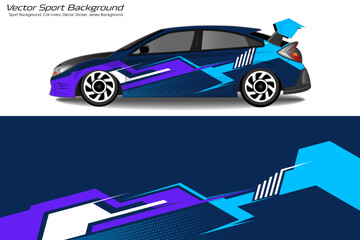 Sporty Car Wrap Design with Dynamic Blue and Purple Graphics EPS 10