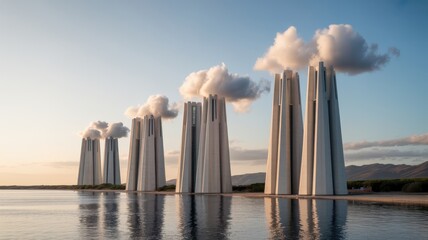 Modern industrial towers with steam plumes reflecting in calm water under a soft sky