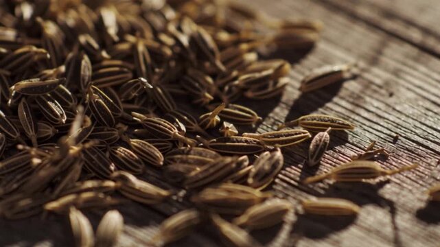 Cumin seeds close up on rustic wooden surface, aromatic Indian spice ingredient for cooking and seasoning, macro detail of dried cumin texture showing earthy flavor essence used in traditional cuisine