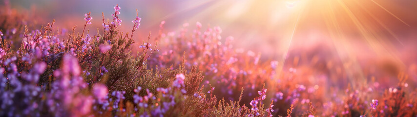 Fototapeta premium Lavender heather flowers in golden sunlight on dreamy summer meadow
