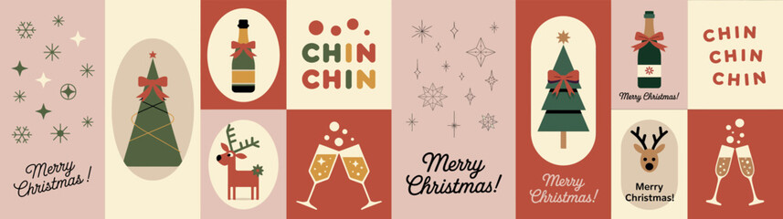 Christmas Celebration Icons with Champagne, Tree, and Festive Decorations