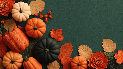 Thanksgiving table with golden roasted turkey, orange pumpkin pie, crimson apples, and fall leaves on rustic wooden surface, celebrating harvest season with family and gratitude