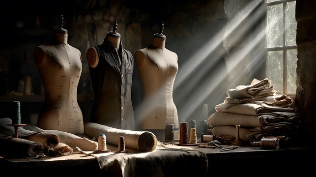 Quiet, atmospheric fashion designer's workshop with three mannequins on a table with linen fabric rolls and tailoring tools lit by a sunbeam.
