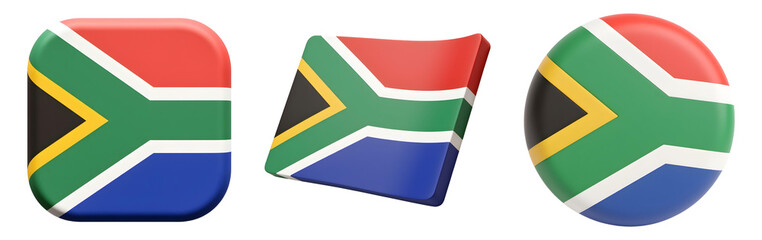 South Africa flag in three different 3D icon shapes with rounded corners on transparent background