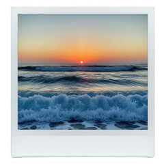 Ocean wave at sunset in polaroid frame isolated on transparent background for vacation
