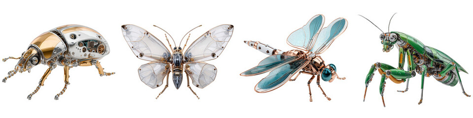 Steampunk insects mechanical beetle butterfly dragonfly praying mantis on transparent background