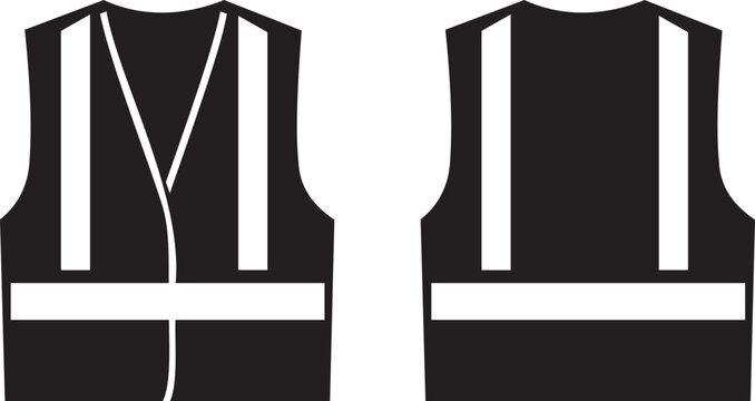 Front and back view of a black safety vest with white reflective stripes, isolated on white background