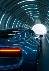 Blue sBlue sports car with neon lights in tunnelports car with neon lights in tunnel
