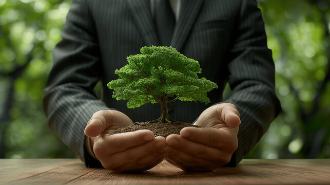 Businessman holding small tree symbolizing environmental responsibility and sustainability
