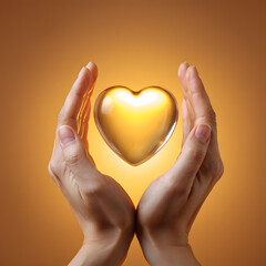 Fototapeta premium Hands cradling a glowing golden heart with warm light
