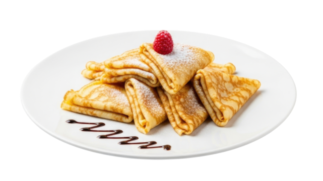 Crepes with raspberry and chocolate drizzle isolated on transparent background