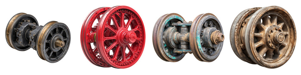 Vintage train wheels collection in various styles on transparent background