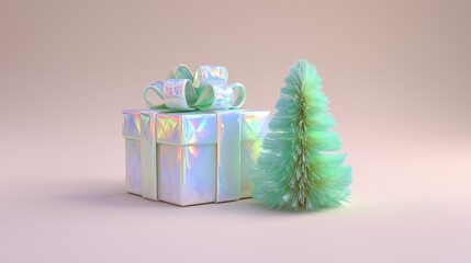 Holiday Gift Box and Small Evergreen Tree Decoration on Soft Background