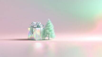 Holographic Gift Box Beside a Small Fluffy Tree in Soft Pastel Colors During a Festive Season Celebration