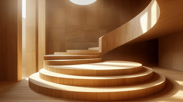 Modern wooden spiral staircase in sunlit minimalist architectural interior