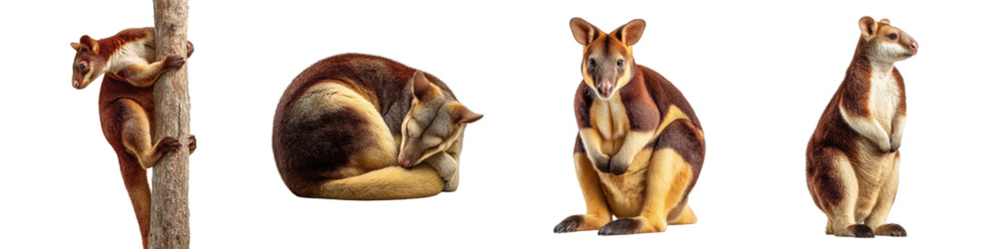 four cute tree kangaroos resting climbing standing on transparent background