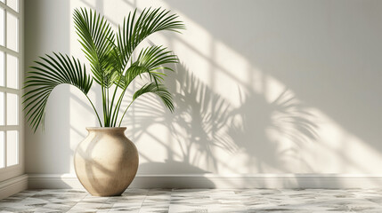 Obraz premium Sunlight casts shadows on indoor palm plant in minimalist living room. Copy space