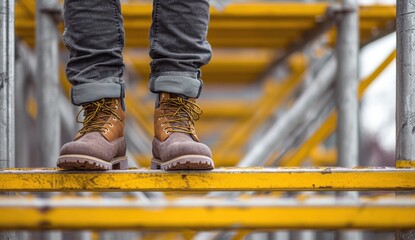 Close-up of rugged work boots on yellow safety stairs at construction site