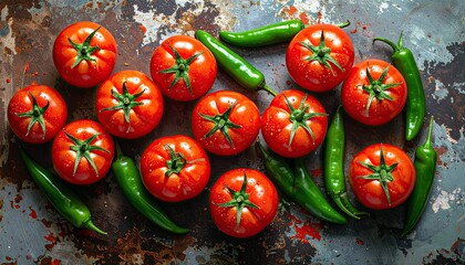 A vibrant overhead view of ripe red tomatoes and fresh green chili peppers artfully arranged on a dark, textured, rustic surface, suggesting a culinary theme.