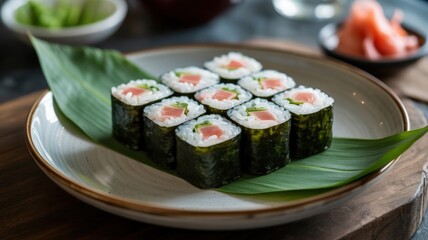 Delicious tuna sushi rolls arranged artfully on a plate with a green leaf garnish