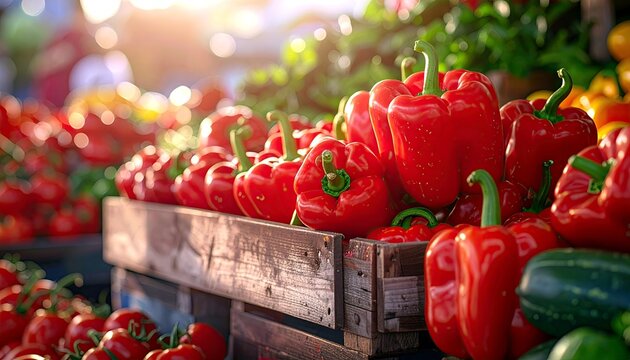 A close-up shot of vibrant red bell peppers displayed in rustic wooden crates, bathed in warm sunlight, suggesting a fresh produce market.