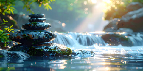 Stacked stones in a serene forest stream, bathed in dappled sunlight with a gentle waterfall cascading in the tranquil background, symbolizing profound balance and natural harmony