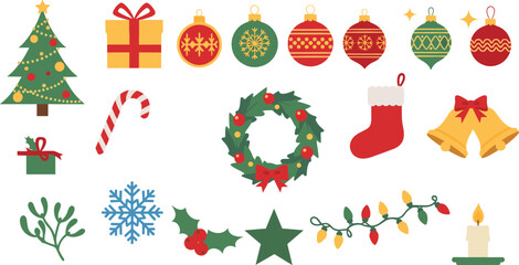 Collection of festive christmas holiday icons including tree gifts ornaments stocking bells and lights