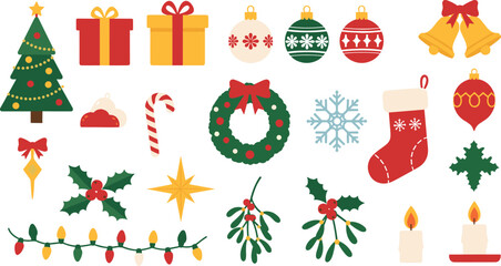 Festive christmas collection featuring ornaments gifts tree lights snowflakes and stockings