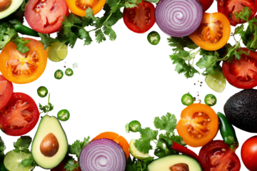 Fresh tomato avocado red onion cilantro frame for recipe joy