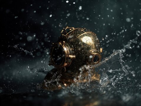 Dramatic Old Diving Helmet Emerging From Water With Splashes Gold Metal Shiny Surface On Dark Background Historical Maritime Exploration Gear Immersive Deep Sea Adventure Concept