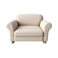 White beige upholstered armchair with rolled arms and wooden legs in classic 3D design isolated