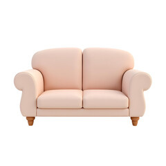 Pink upholstered loveseat sofa with wooden legs in modern 3D design isolated on transparent background