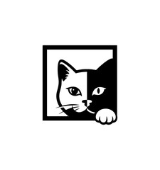 Cat face graphic in black and white half face hiding square format