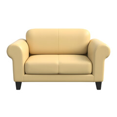 Yellow beige upholstered armchair with curved arms in minimalist 3D design isolated on transparent background