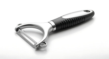 Modern Stainless Steel Vegetable and Fruit Peeler with Ergonomic Black Handle for Efficient Kitchen Food Preparation, Isolated on a Clean White Background