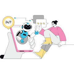 Customer service robot on a mobile phone screen extends a hand to a person in a pink shirt and yellow boots on a white background with a 24/7 support icon
