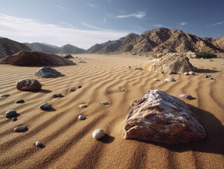 Vast Arid Desert Landscape Undulating Sand Dunes Scattered Rocks Distant Mountains Clear Blue Sky Outdoor Nature Scene