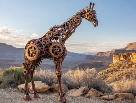 Steampunk Giraffe Sculpture Canyon Landscape Copper Gear Art Robotic Animal Figure Outdoor Art Installation Rocky Terrain Desert Plants Grand Vista Sunset Lighting
