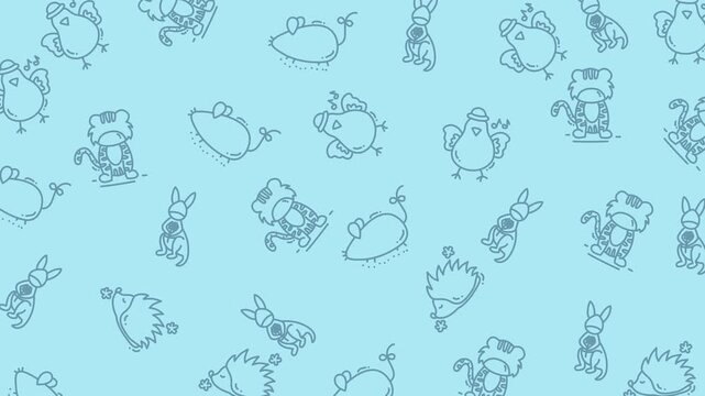 Cute Cartoon Animal Seamless Pattern on Light Blue