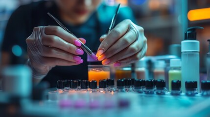 Gloved hands apply nail polish, with colourful polishes and tools on the table.
Ideal for articles about manicures, beauty blogs, beauty salon advertising, and nail art training materials.