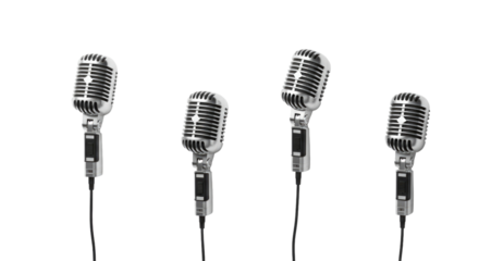 Four vintage microphones isolated on transparent background