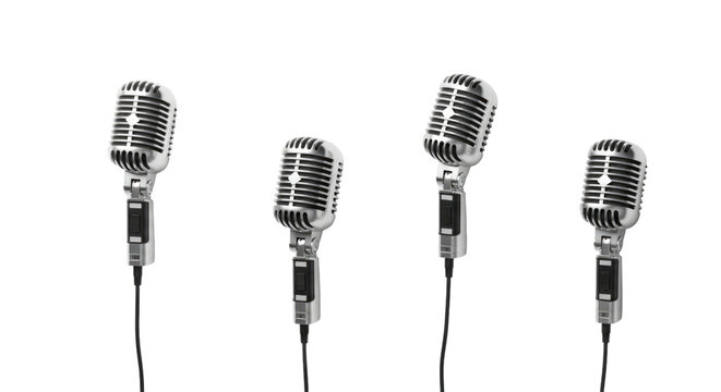 Four vintage microphones isolated on transparent background
