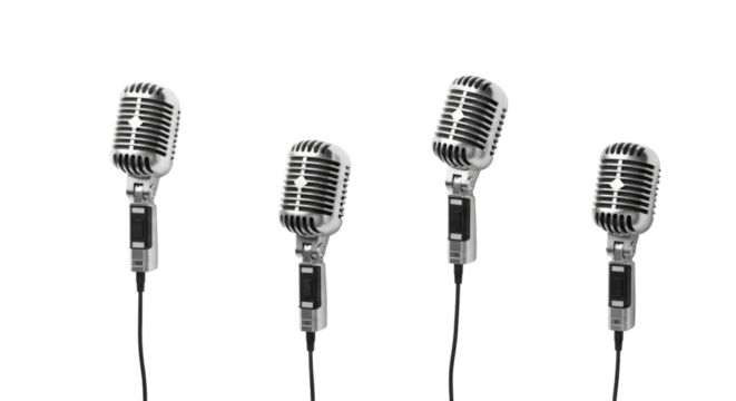 Four vintage microphones isolated on transparent background