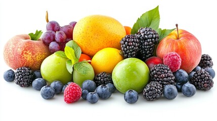 A variety of fresh fruits and berries on a white background.
Suitable for articles on healthy eating, cooking, vitamins.