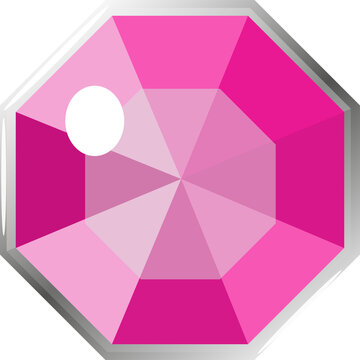 Pink Octagonal Cut Gemstone with Facets and a Circular Hole on a Transparent Background
