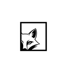 Fototapeta premium Fox head silhouette in square frame simple black and white illustration