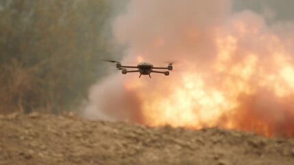 An FPV with two propellers flies over a battlefield. War. Crisis. Military conflict with modern weapons. Unmanned aerial vehicle