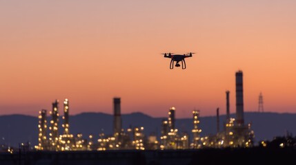 A drone is about to strike the enemy's petrochemical plant. Refinery is under air attack. FPV drone carrying munition