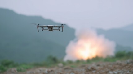 An FPV with two propellers flies over a battlefield. War. Crisis. Military conflict with modern weapons. Unmanned aerial vehicle