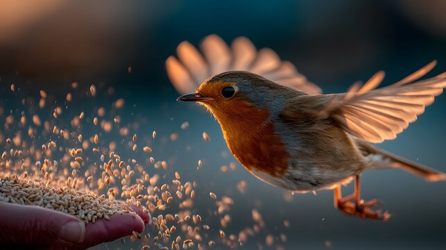 Stunning slow-motion style photo captures a small robin mid-flight as it takes seeds from an outstretched hand, creating a beautiful explosion.